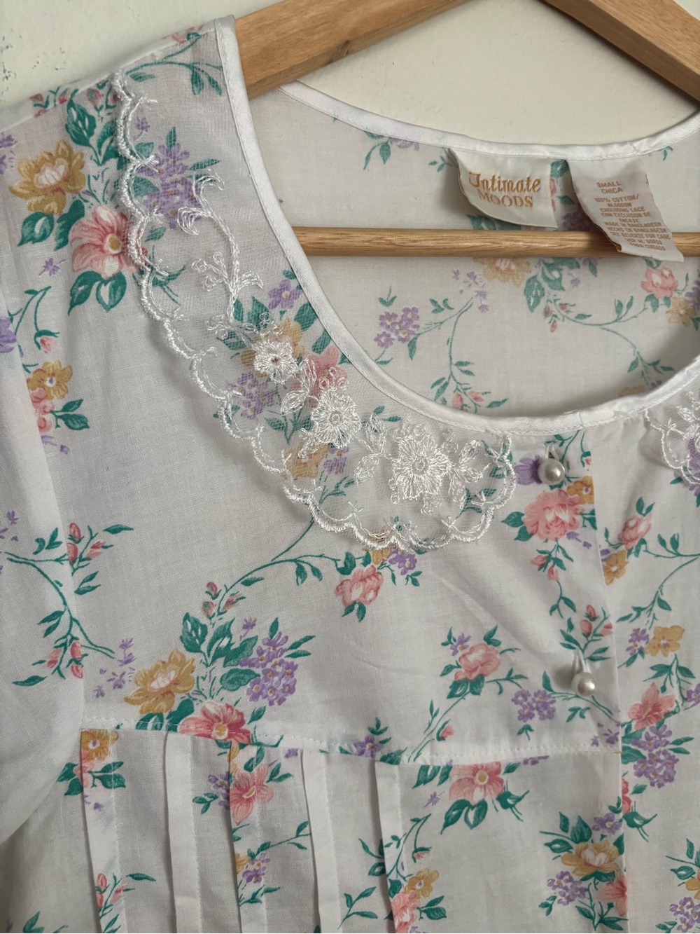 Vtg 80’s Intimate Moods Cotton Floral Nightgown Lace Pearl Buttons Cottagecore S